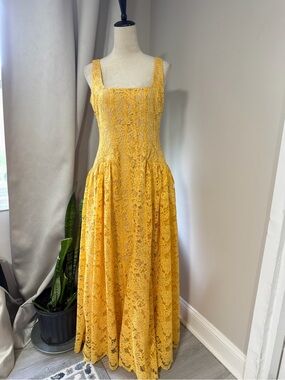 Alex Marie Yellow Lace Square-Neck Maxi Dress